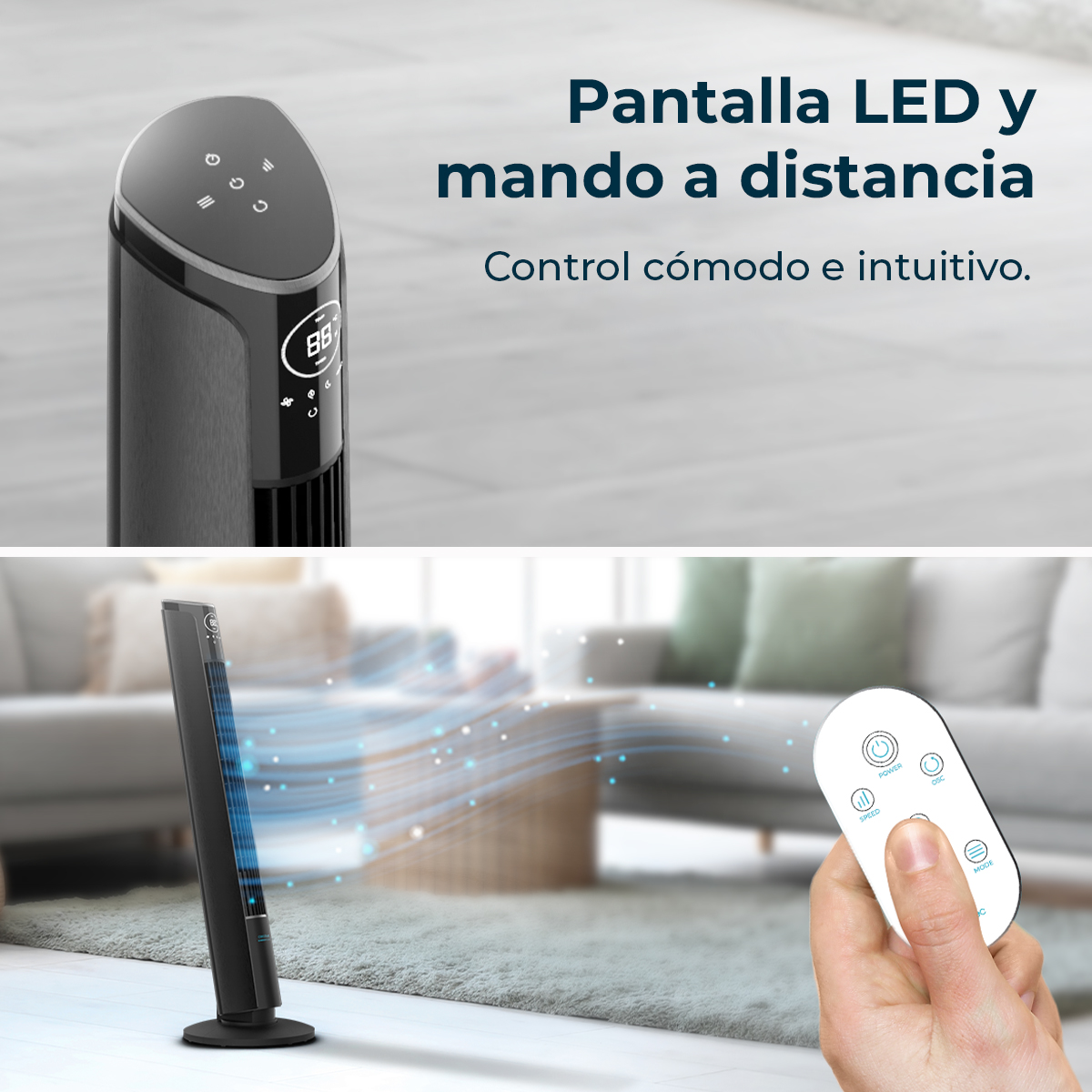 Ventilador de torre negro con pantalla LED y mando a distancia. Una mano sostiene el mando. Fondo muestra salón.