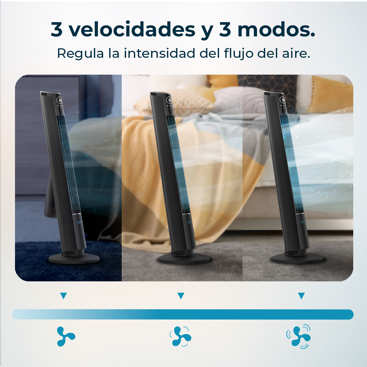 La imagen muestra tres ventiladores de torre negros con diferentes configuraciones de velocidad del ventilador. El texto superior dice "3 velocidades y 3 modos".