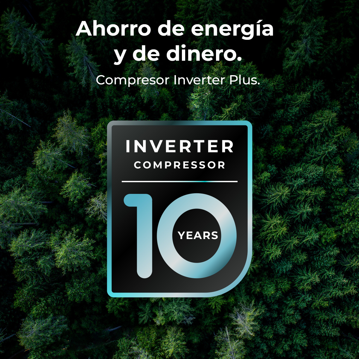 Una pubblicità con testo sul risparmio energetico e un compressore. Un quadrato nero con le parole INVERTER COMPRESSOR e 10 ANNI.