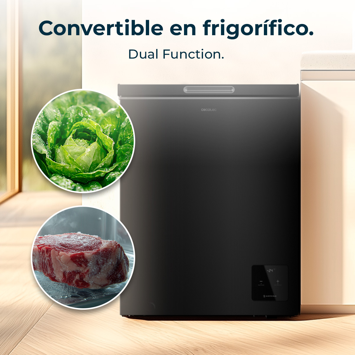 Congelatore nero con immagini di lattuga e bistecca. Testo: 'Convertible en frigorifico' e 'Dual Function'.