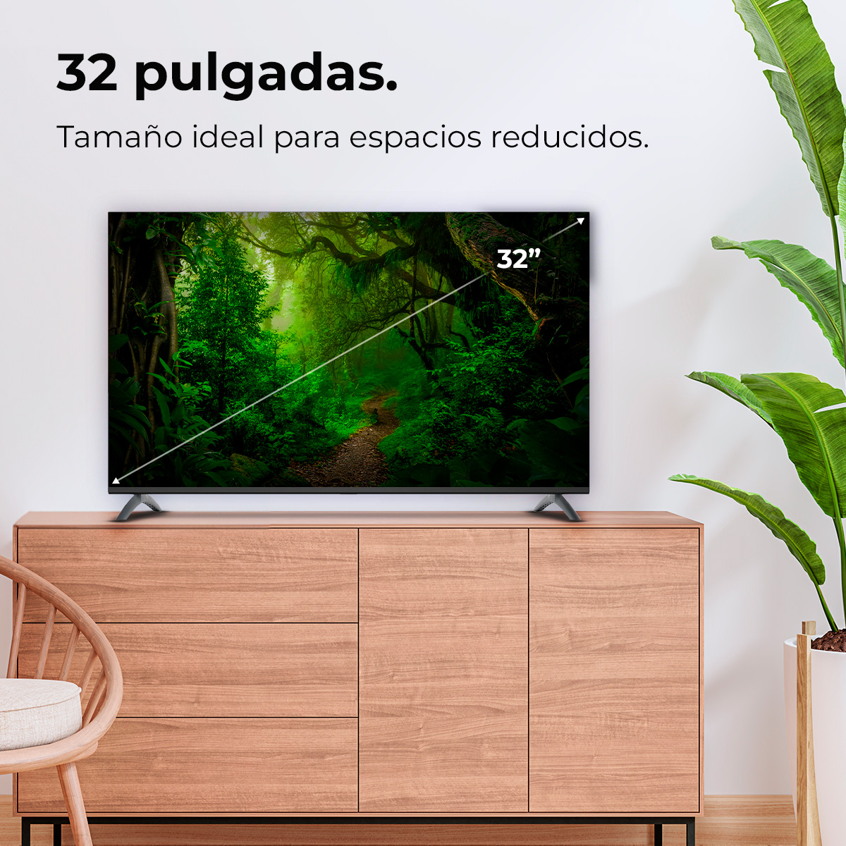 Un televisor de 32 pulgadas muestra una escena de jungla, sobre una cómoda de madera, con una silla y una planta a los lados.