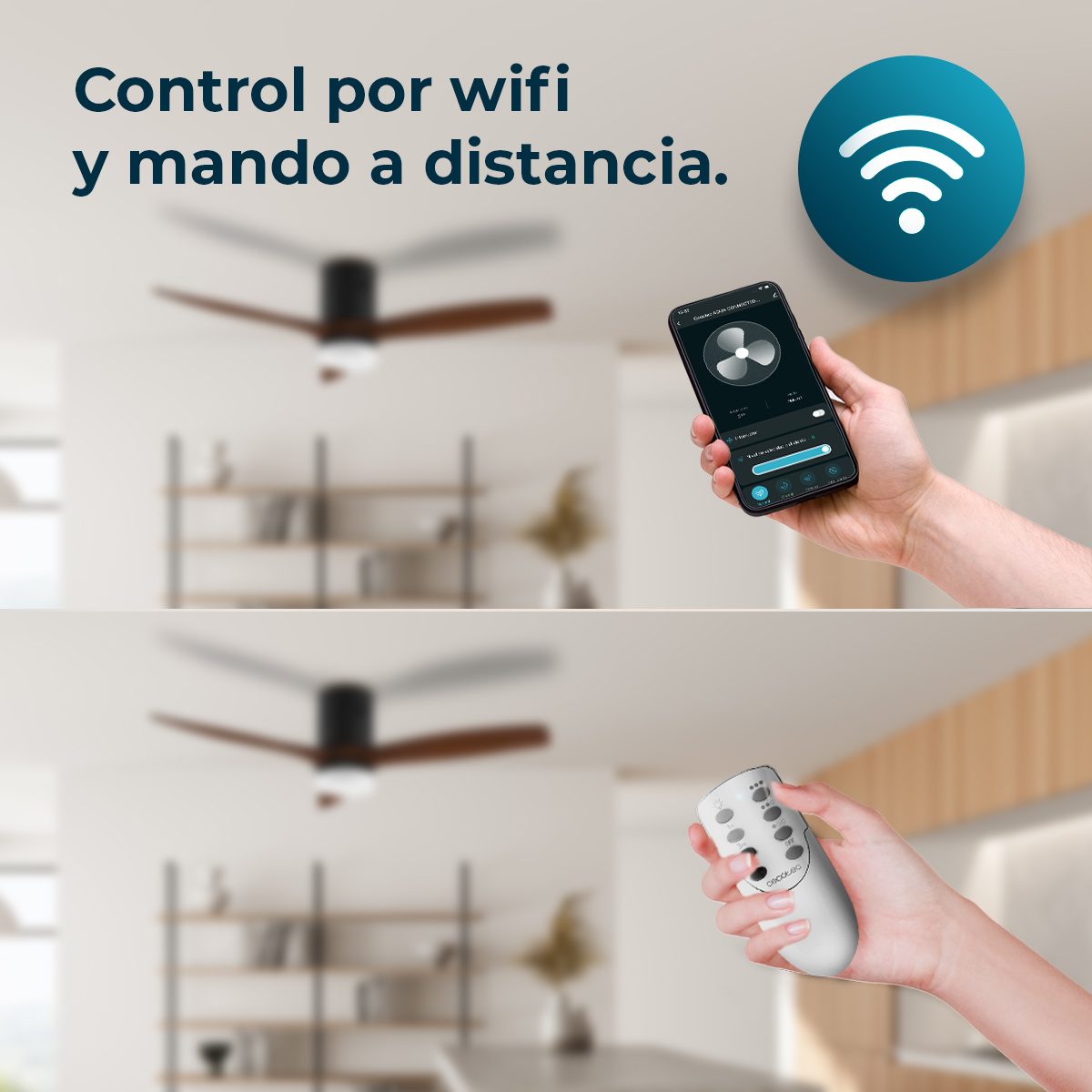 Una mano sostiene un teléfono que controla un ventilador de techo. El texto dice 'Control por wifi y mando a distancia'. Otra mano sostiene un mando.