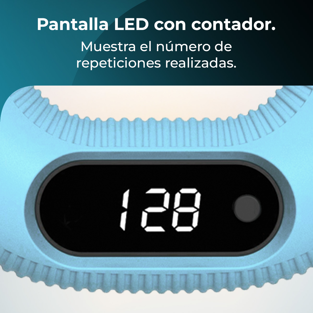 Primer plano de un dispositivo azul con una pantalla negra que muestra el número 128 en blanco. El dispositivo tiene forma redondeada.