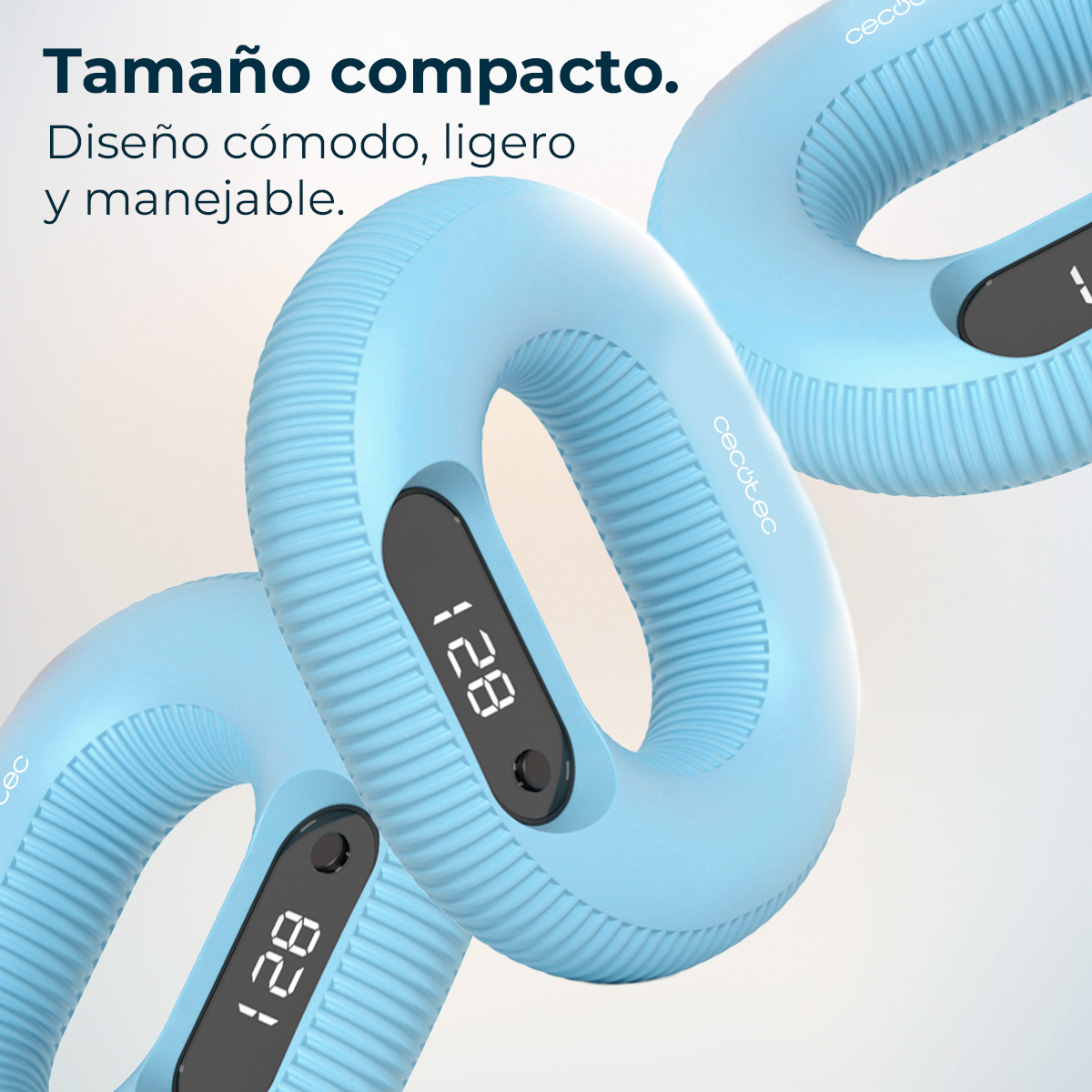 Tres dispositivos azules claros en forma de anillo con pantallas digitales que muestran '128'. Los dispositivos están apilados. El texto en español dice 'tamaño compacto'.