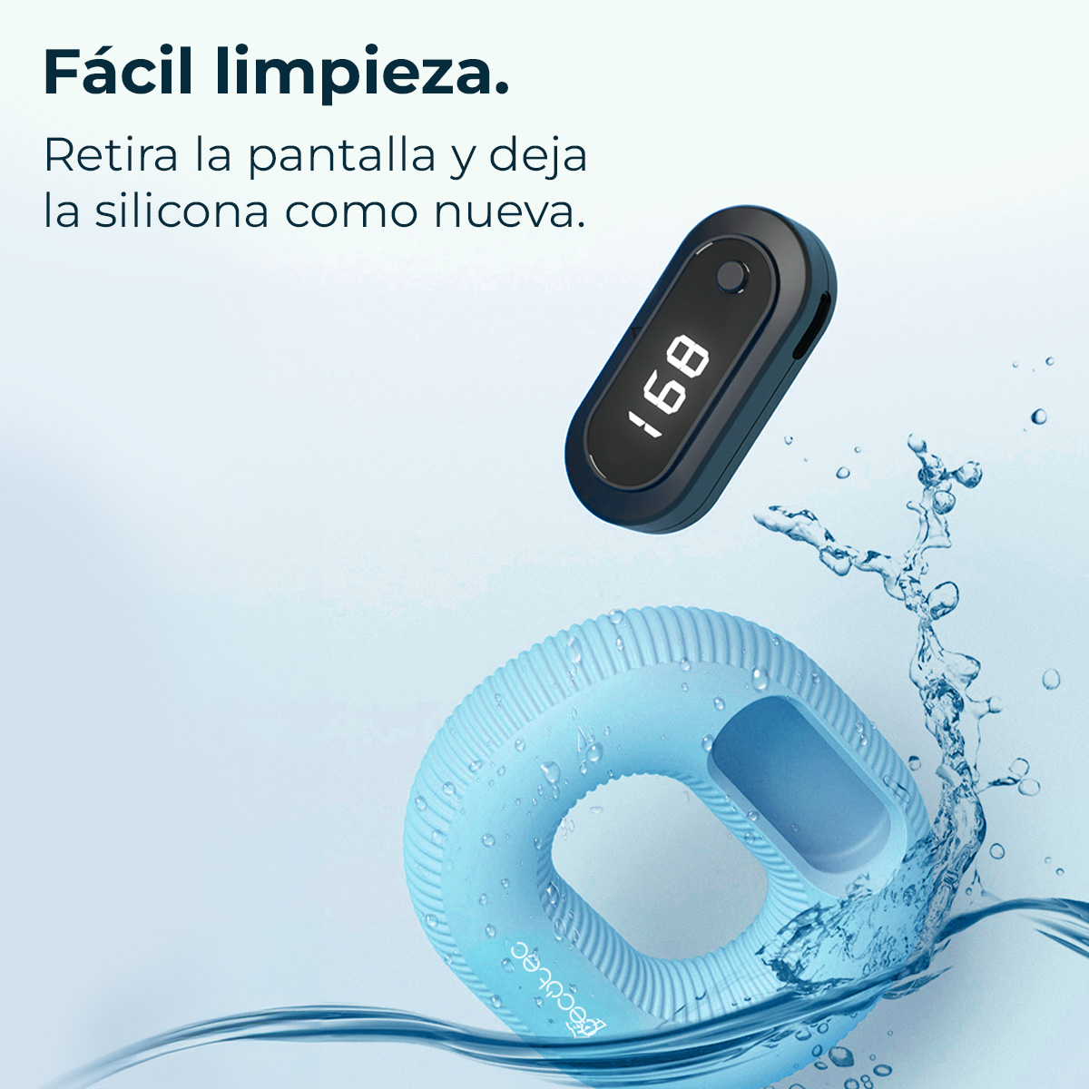 Un ejercitador de agarre azul y un dispositivo negro con el número 168 se muestran sobre un fondo azul claro, con salpicaduras de agua.