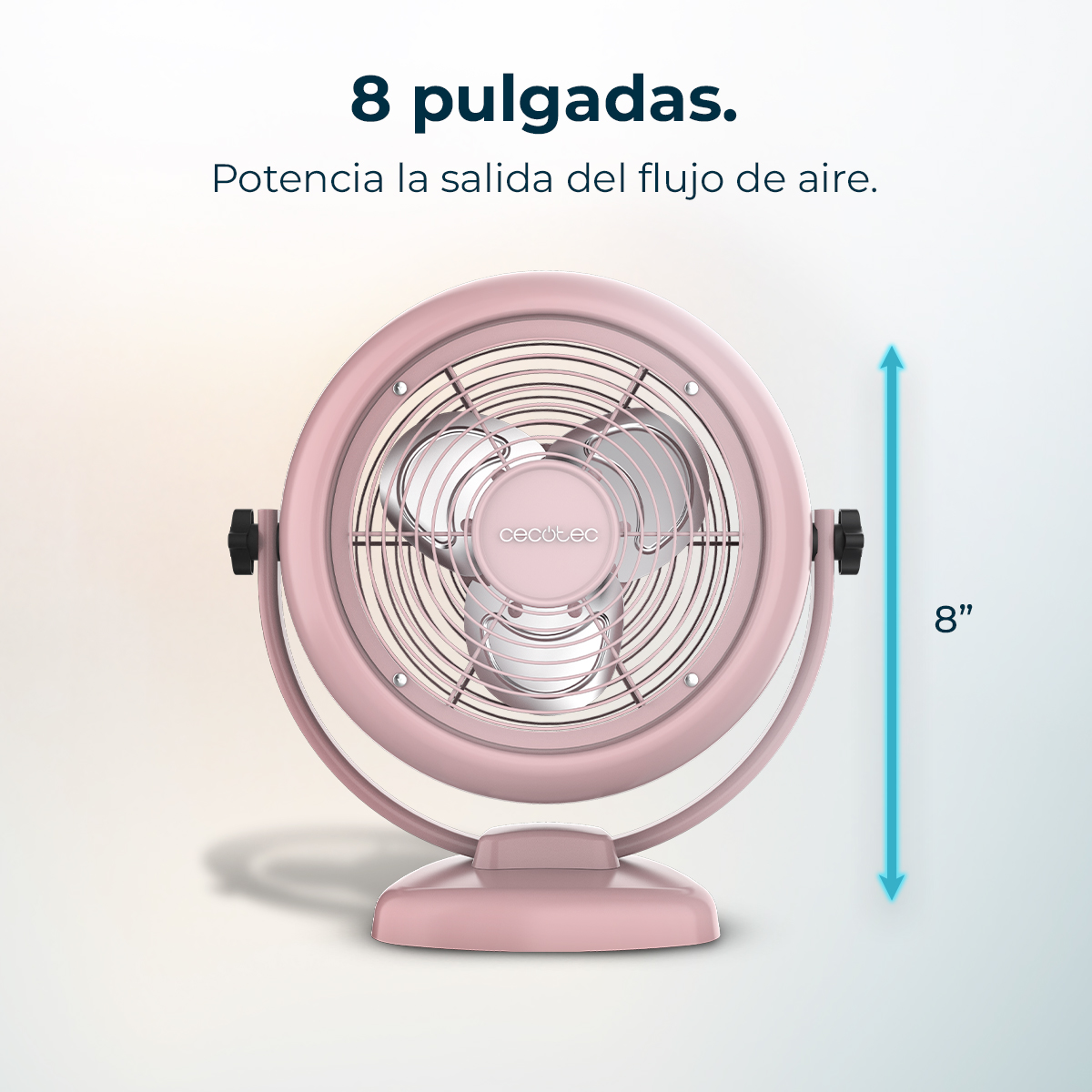 Un ventilatore Cecotec rosa dal design circolare. Ha pale metalliche ed è etichettato come 8 pollici. Il testo recita 'Potencia la salida del flujo de aire'.