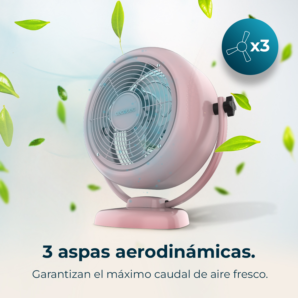 Un ventilatore rosa con tre pale e foglie verdi. Un cerchio blu mostra un'icona del ventilatore e 'x3'. Il testo dice '3 pale aerodinamiche'.