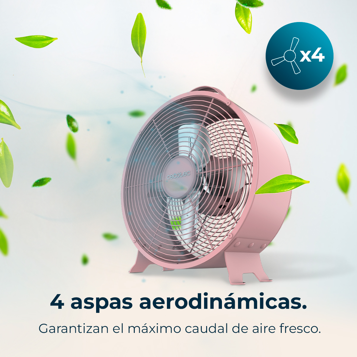 Ventilador rosa con cuatro aspas, rodeado de hojas verdes, sobre un fondo azul claro. Texto: '4 aspas aerodinámicas'.