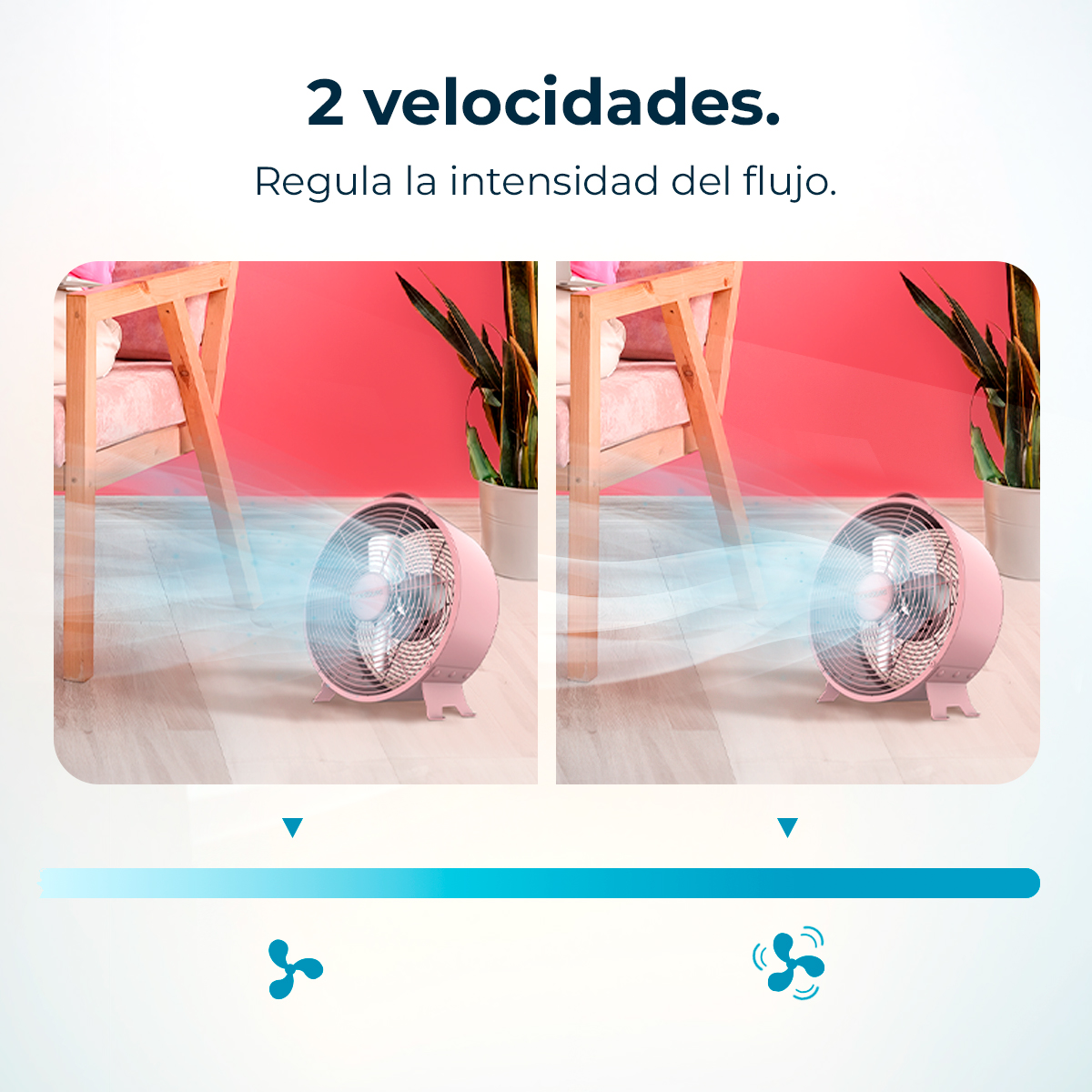 Ventiladores rosas con corrientes de aire azules. El texto dice '2 velocidades. Regula la intensidad del flujo.' Muebles y plantas en el fondo.