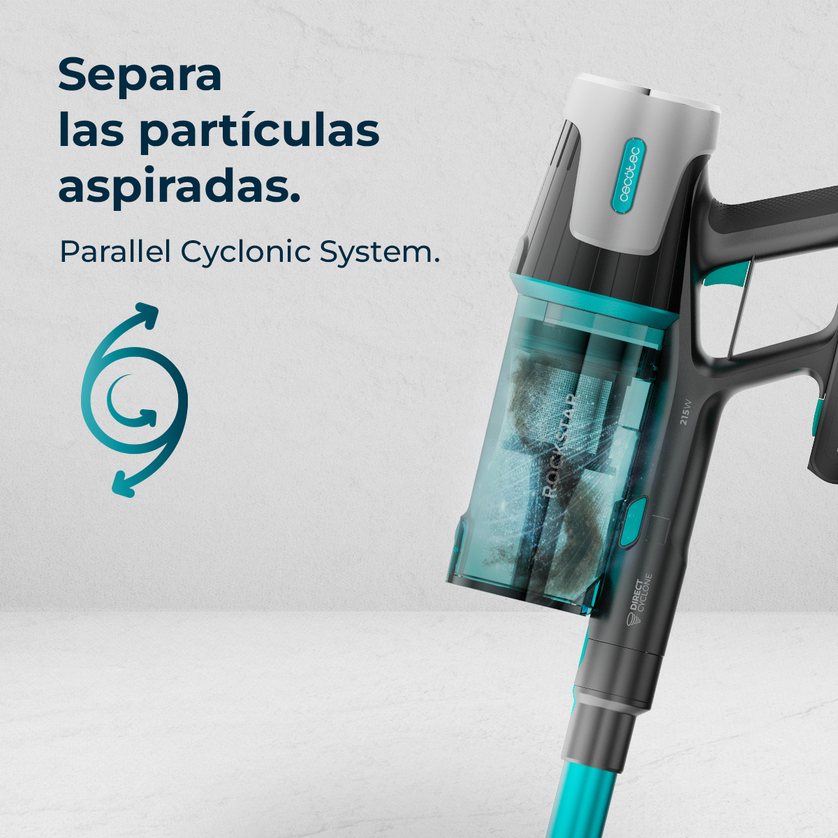 Un aspirapolvere nero e verde acqua con un contenitore per la polvere trasparente, il testo dice 'Parallel Cyclonic System'.