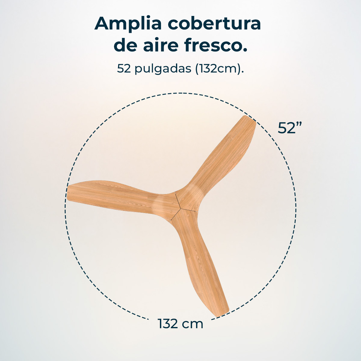 Ventilatore da soffitto con tre pale in legno. Testo: 'Amplia cobertura de aire fresco. 52 pulgadas (132cm).'