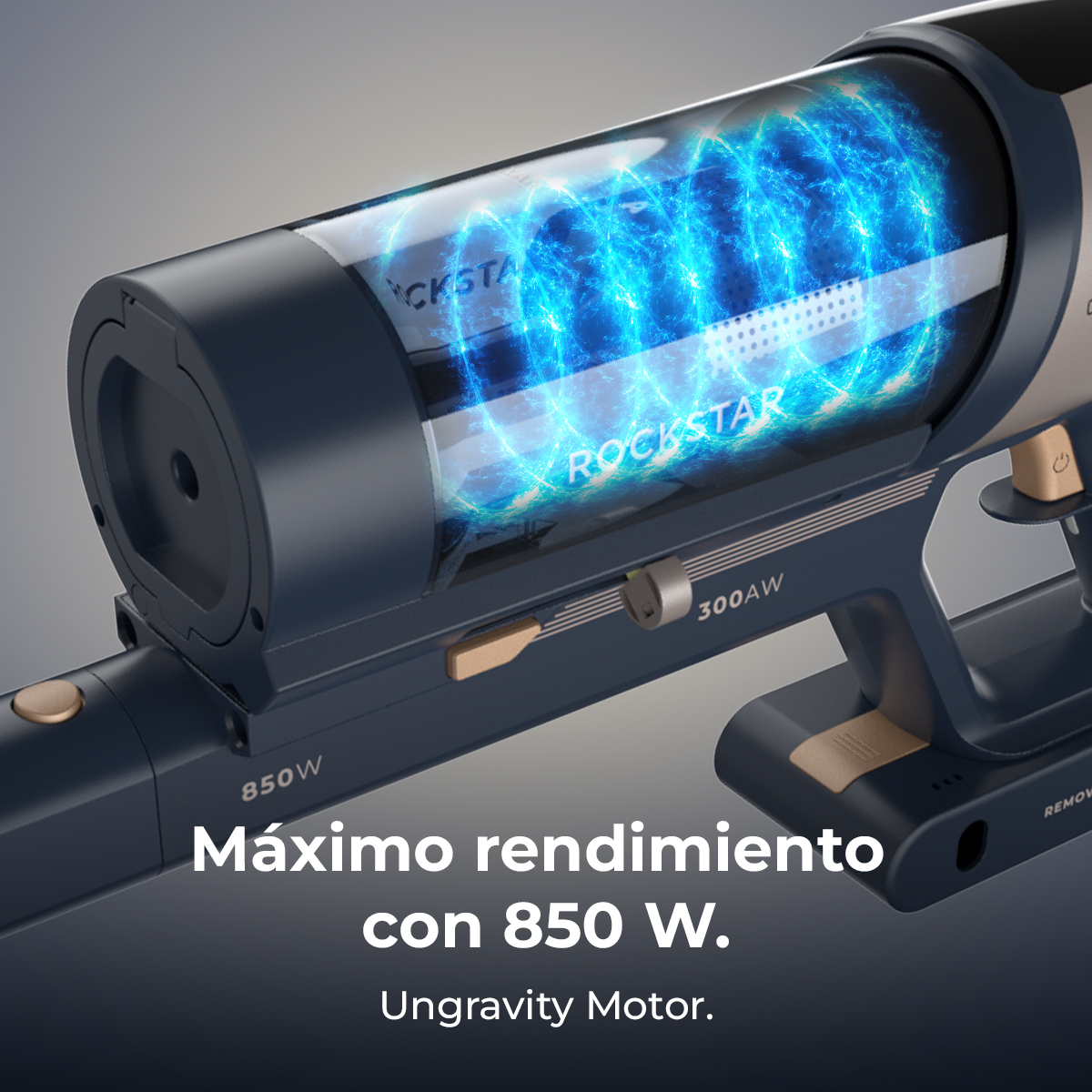 A close-up of a blue and gray vacuum cleaner with a transparent chamber showing blue energy swirls. Text reads 'ROCKSTAR' and power details.