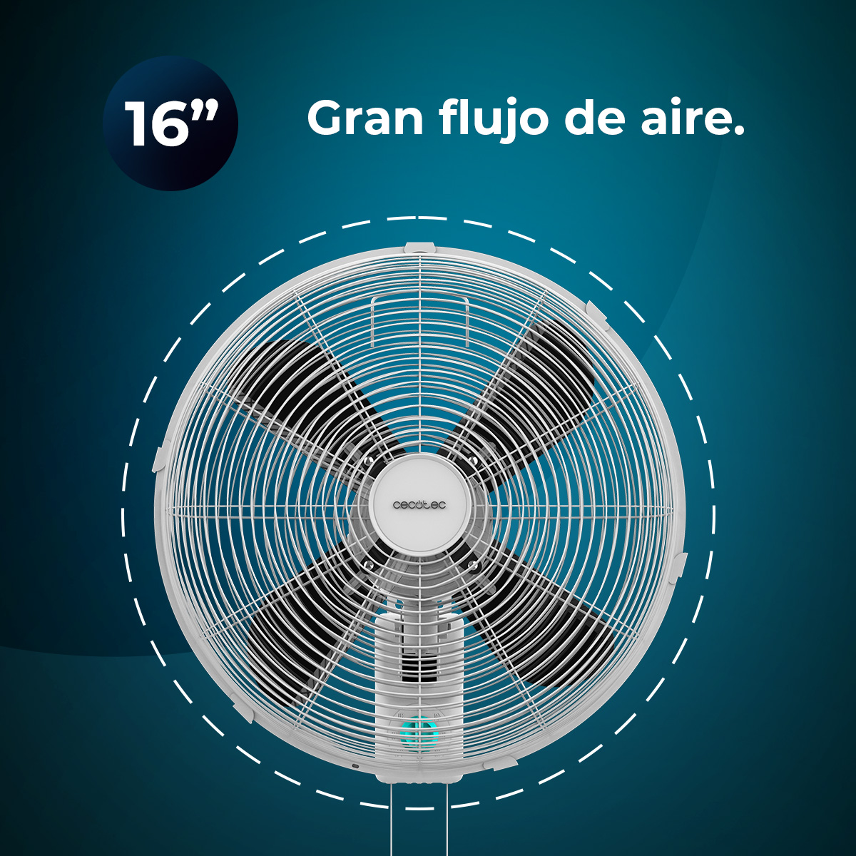 Ventilador blanco y negro con 4 aspas. Tiene una luz azul en la base. El texto dice 'Gran flujo de aire' y '16"'.