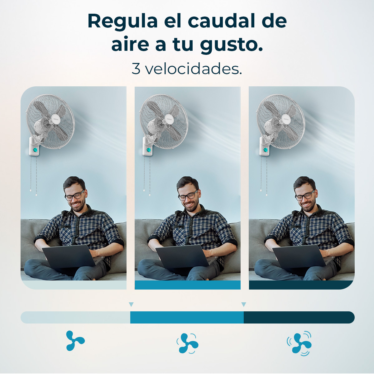 Un hombre usa una laptop, con tres ventiladores encima. La imagen muestra tres velocidades. El fondo es una pared azul.