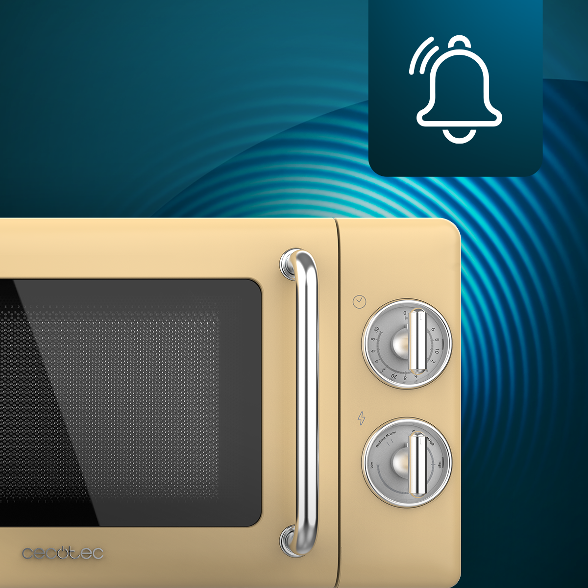 Beżowa kuchenka mikrofalowa ze srebrnym uchwytem i pokrętłami na niebieskim tle. Ikona dzwonka w prawym górnym rogu.