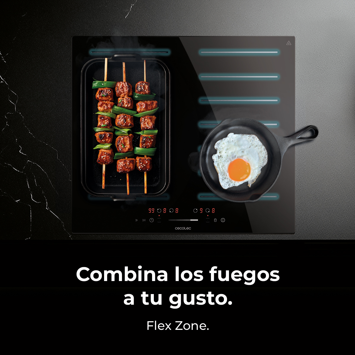 Encimera negra con brochetas y huevo frito. Texto: Combina los fuegos a tu gusto. Flex Zone.