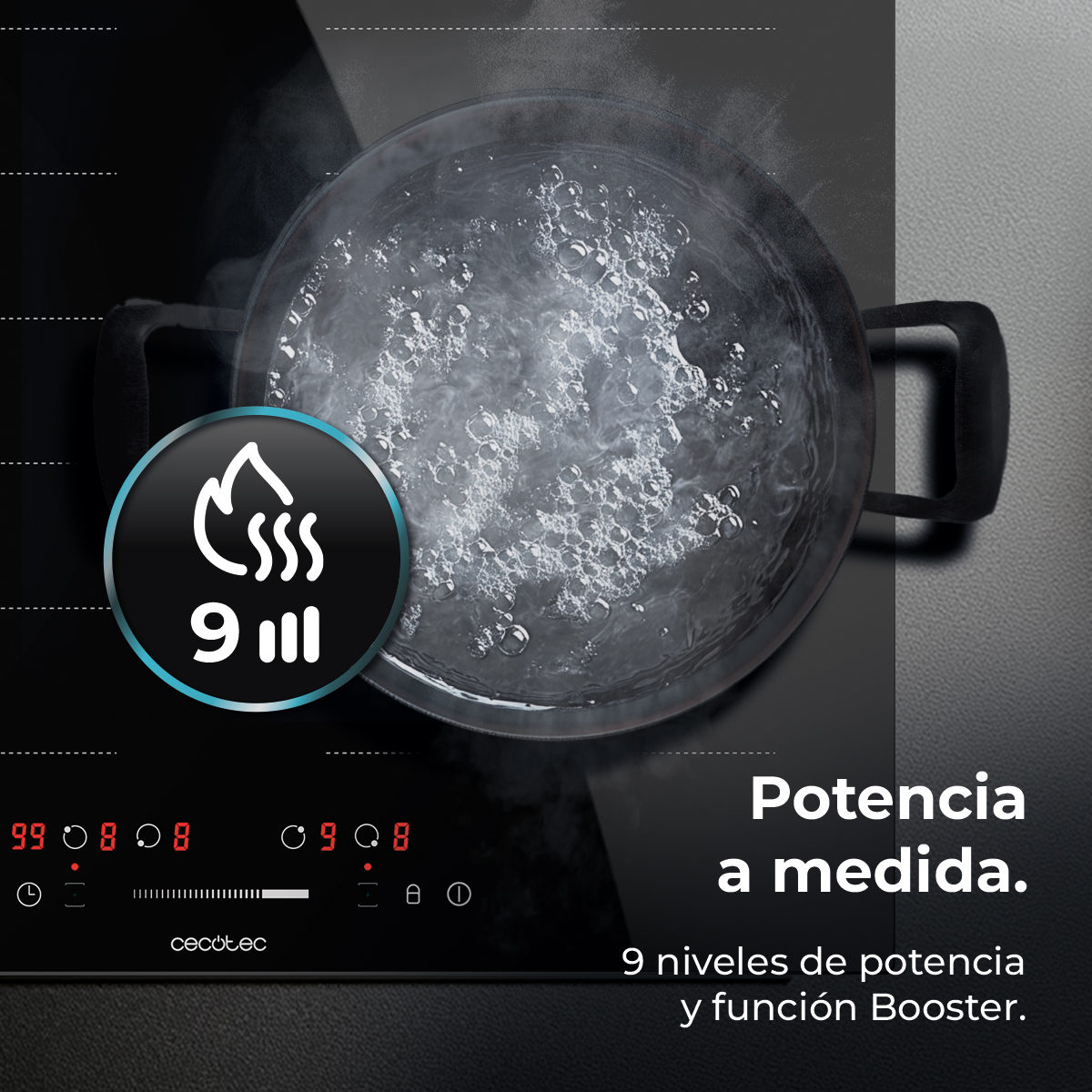 Una placa negra con una olla de agua hirviendo. Un panel de control circular está a la izquierda. El texto dice 'Potencia a medida'.