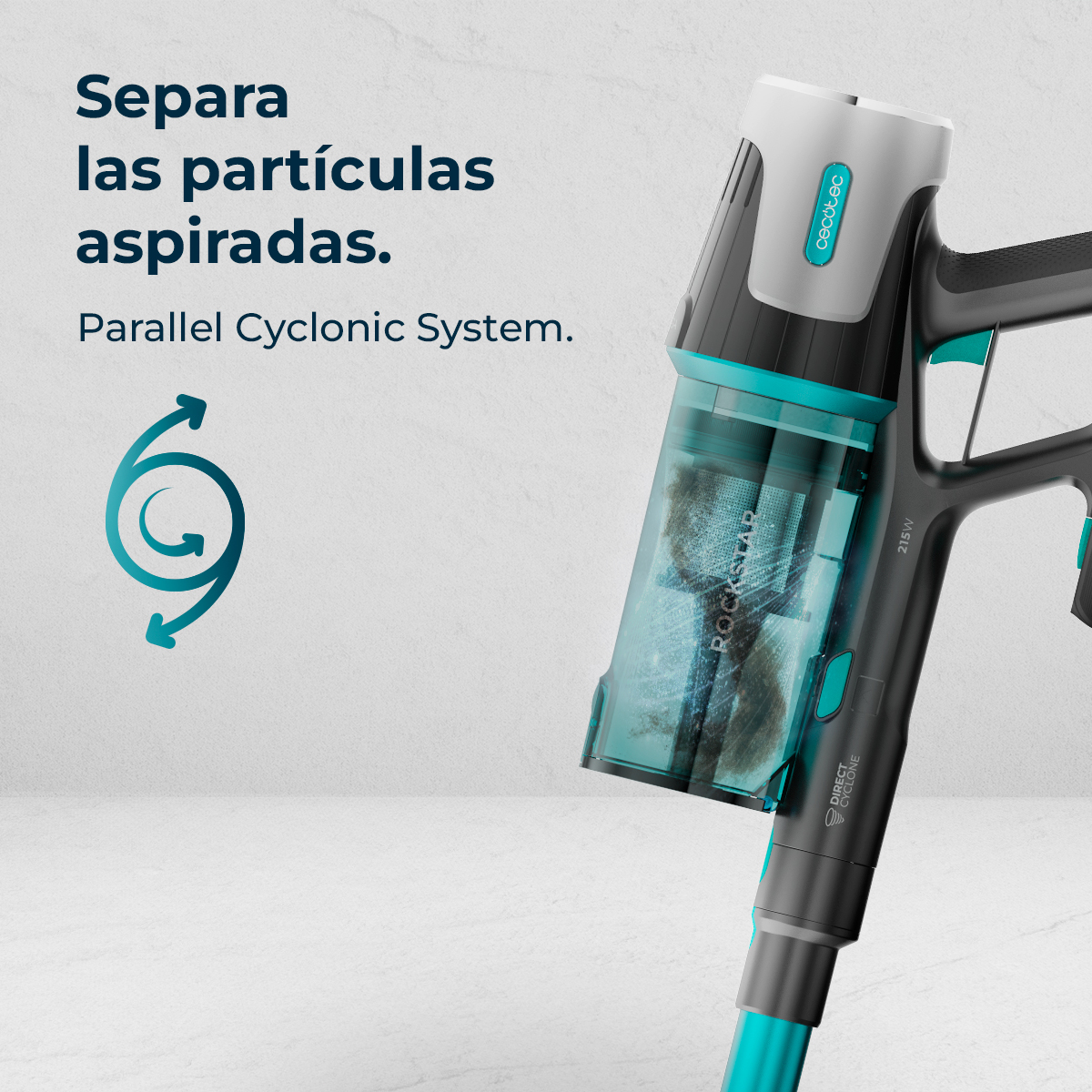 È mostrato un aspirapolvere portatile. È nero, turchese e bianco, con il testo: Separa le particelle aspirate. Il marchio è visibile.