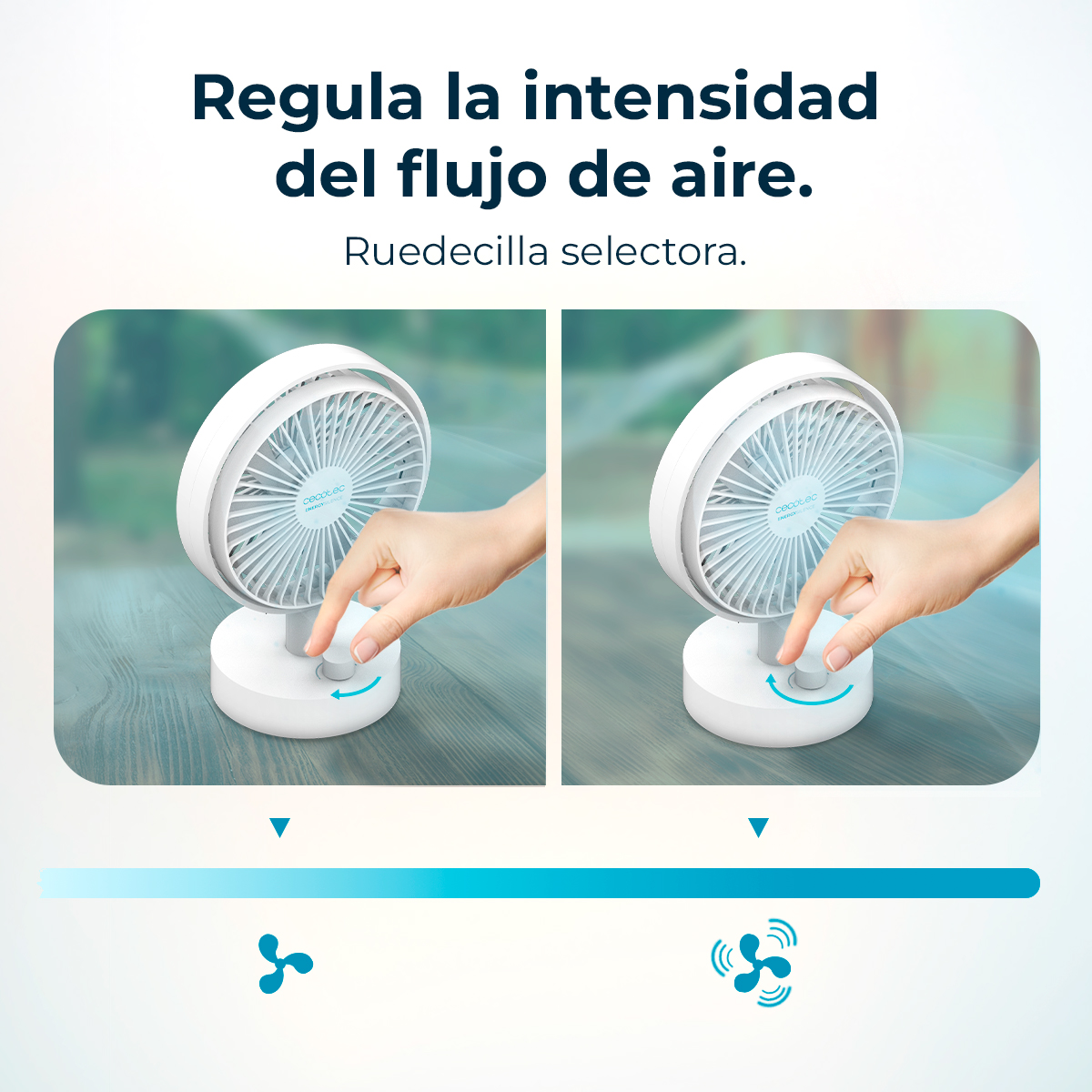 L'immagine mostra un ventilatore bianco con una mano che gira una manopola. Il testo dice: 'Regola l'intensità del flusso d'aria. Rotella di selezione'.