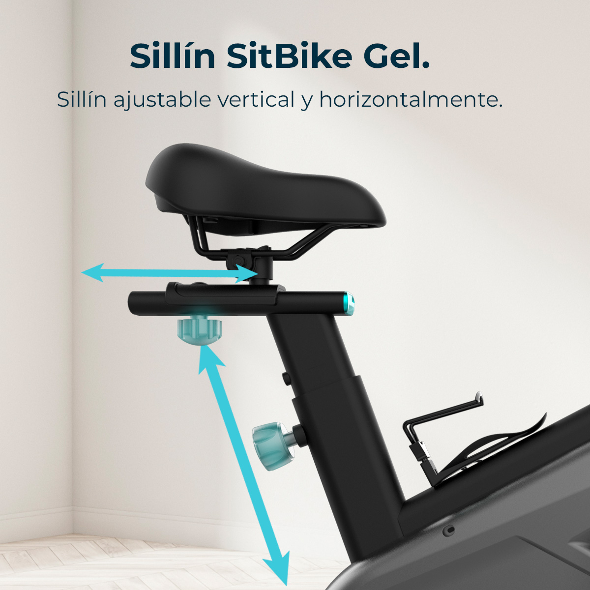 Se muestra un asiento de bicicleta negro, con flechas azules que indican ajuste vertical y horizontal. El asiento está etiquetado 'SitBike Gel'.