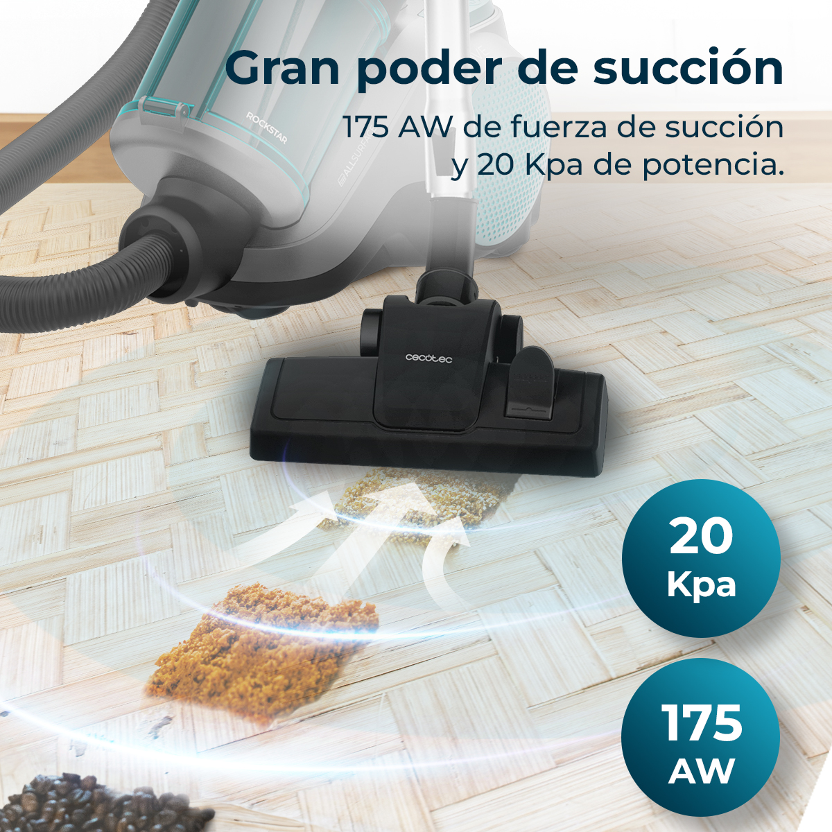 Una aspiradora está aspirando escombros en un piso de madera. El texto dice 'Gran poder de succión' y especificaciones de succión.