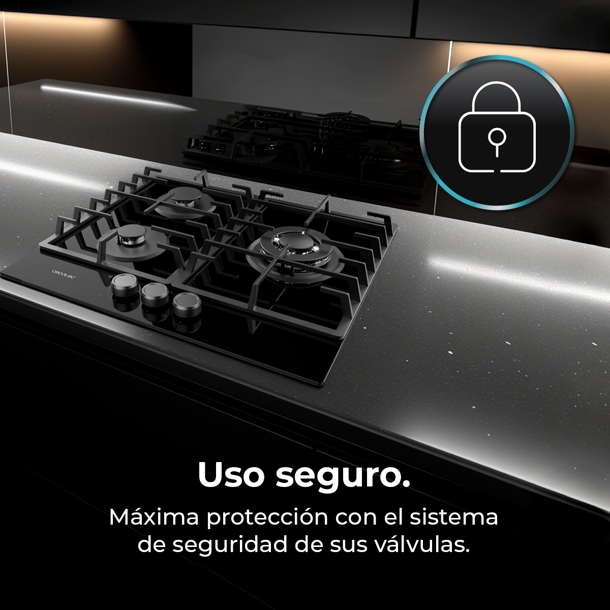 Czarna kuchenka gazowa z czterema palnikami na czarnym blacie. Ikona kłódki promuje funkcje bezpieczeństwa.