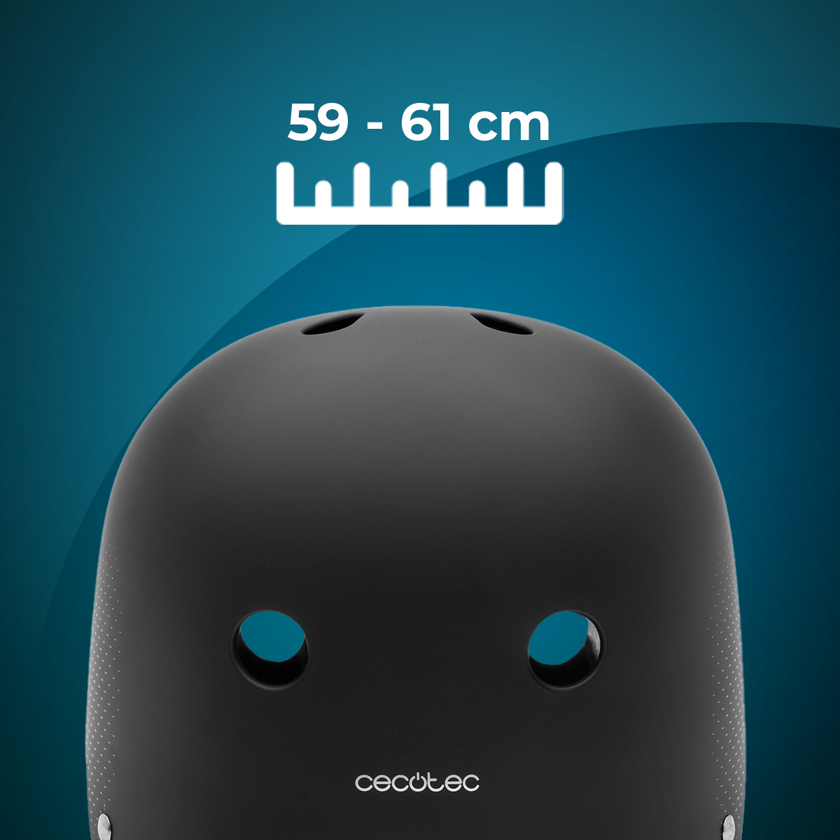Un casco negro con el texto '59 - 61 cm' y una escala de medición arriba. La marca 'cecotec' está debajo del casco.