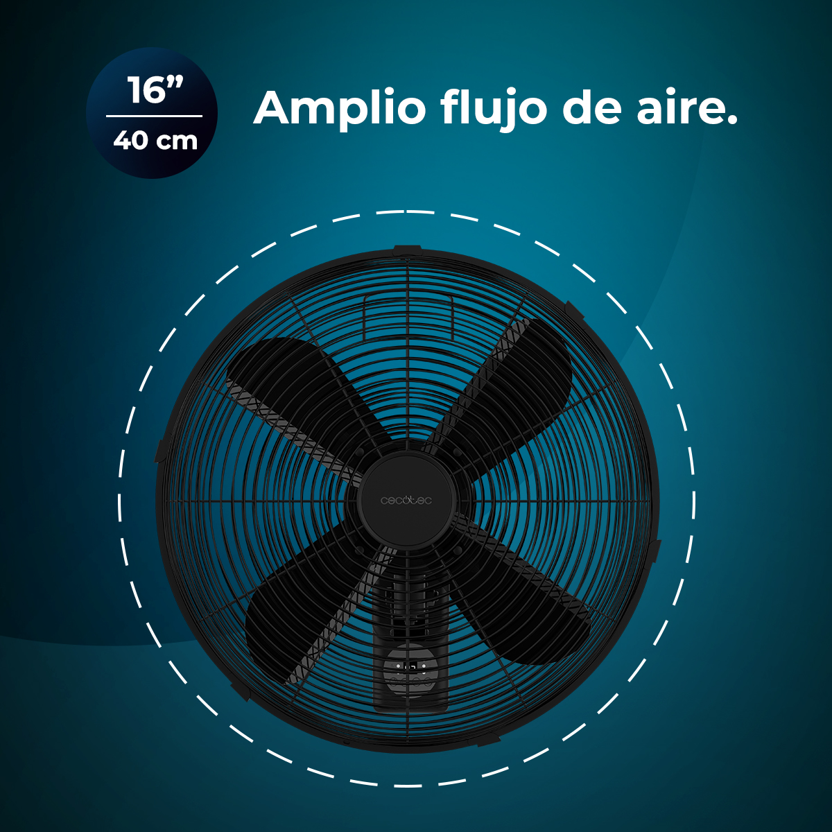 Un ventilador negro con cuatro aspas sobre un fondo turquesa. Texto: 'Amplio flujo de aire' y '16" / 40 cm'.