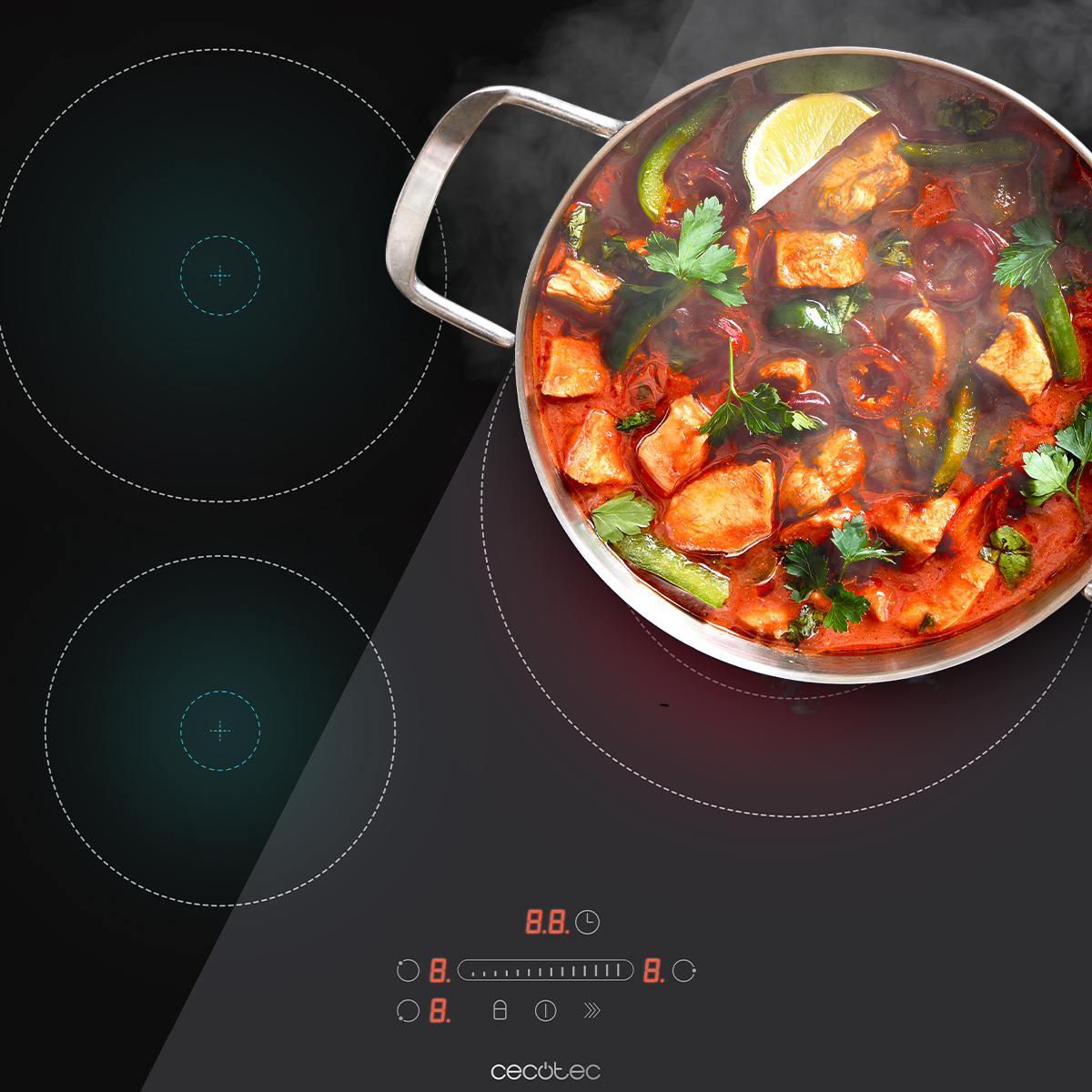 Garnek gulaszu z mięsem, warzywami i plasterkiem limonki stoi na czarnej płycie indukcyjnej. Wyświetlacz cyfrowy pokazuje '8.8'.