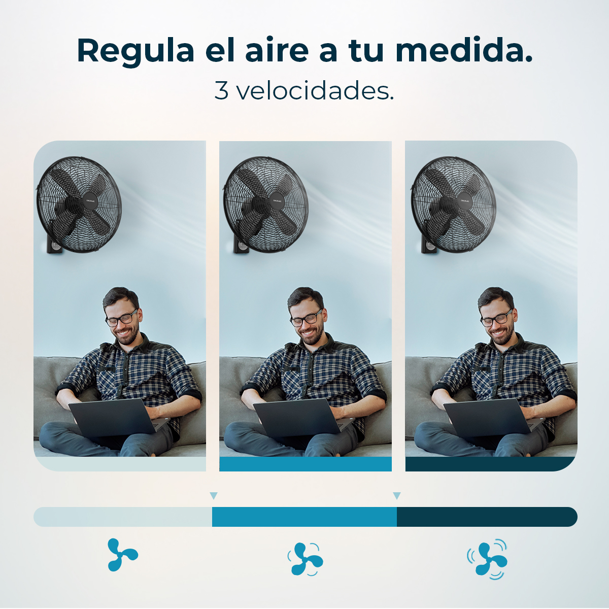 La imagen muestra a un hombre usando una laptop debajo de tres ventiladores. La imagen muestra la velocidad de los ventiladores. El fondo es una pared azul claro.