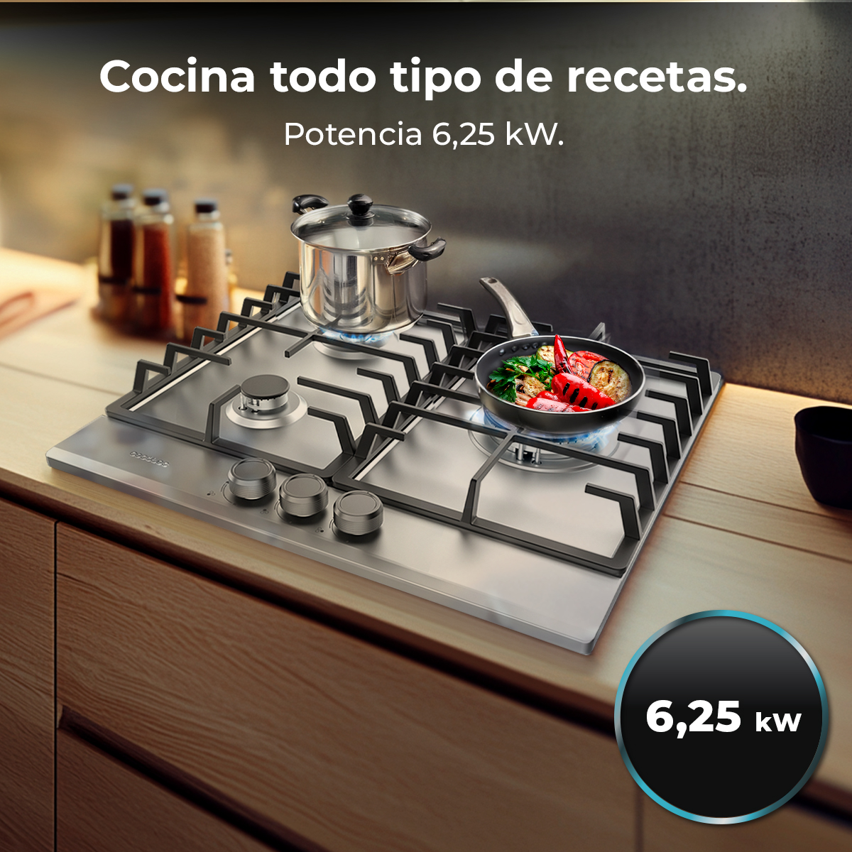 Nowoczesna kuchenka gazowa z patelnią i garnkiem gotującym jedzenie. Tekst brzmi: Gotuj wszelkiego rodzaju przepisy. Moc 6,25 kW.