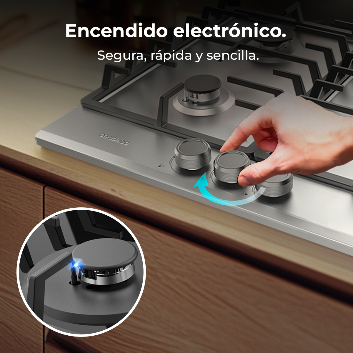 Ręka przekręca pokrętło kuchenki. Kuchenka jest metaliczno-szara. Niebieska strzałka wskazuje kierunek. Tekst: Encendido electrónico.