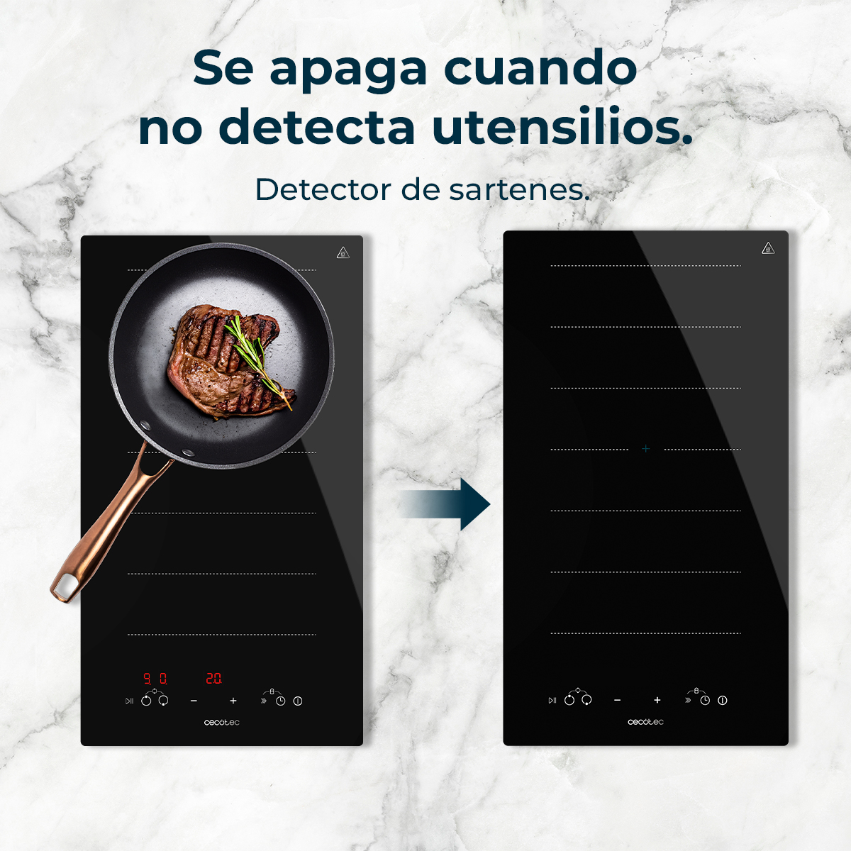 Un filete en una sartén sobre una placa de inducción negra. El texto dice: Se apaga cuando no detecta utensilios. Detector de sartenes.