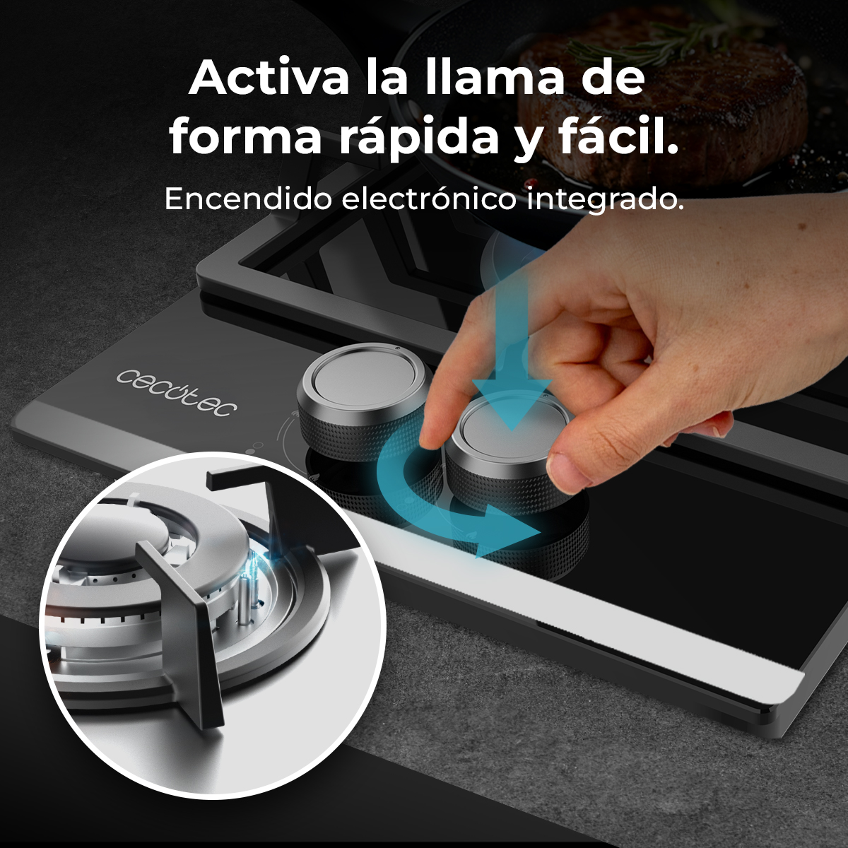 Ręka przekręca pokrętło na czarnej płycie kuchennej. Płomień zapala się w palniku. Tekst mówi: 'Aktywuj płomień szybko i łatwo'.