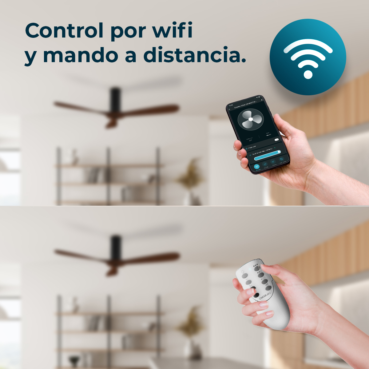 Dłoń trzyma smartfon, kontrolując wentylator sufitowy. Tekst powyżej mówi 'Control por wifi y mando a distancia'. Druga dłoń trzyma pilota.