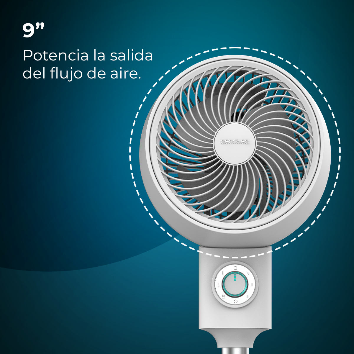 Un ventilatore bianco e grigio con design circolare. Ha un pannello di controllo ed è su uno sfondo sfumato blu scuro.