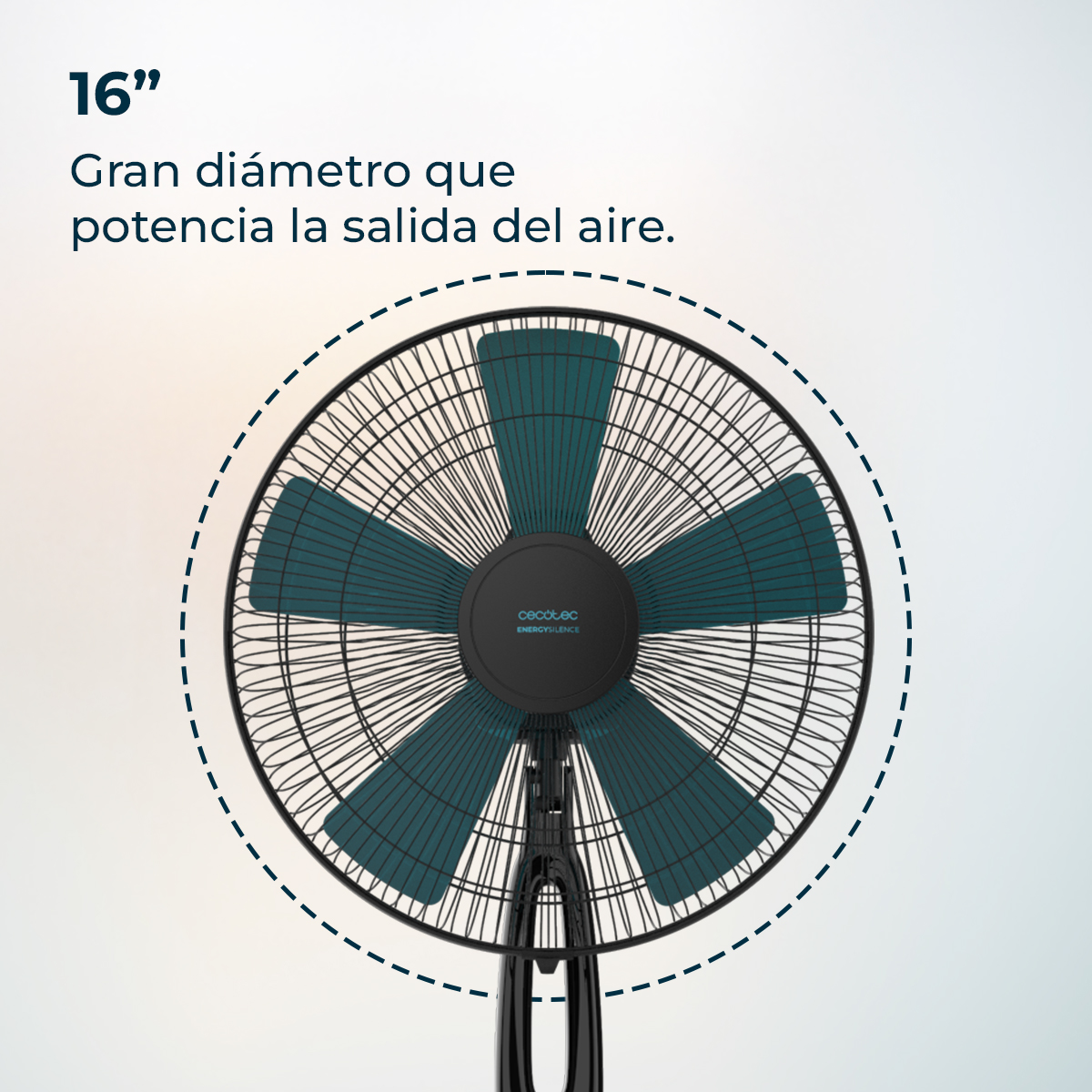 Un ventilatore nero e verde acqua con cinque pale. Ha una gabbia protettiva e una base nera. Il testo dice che ha un diametro di 16".