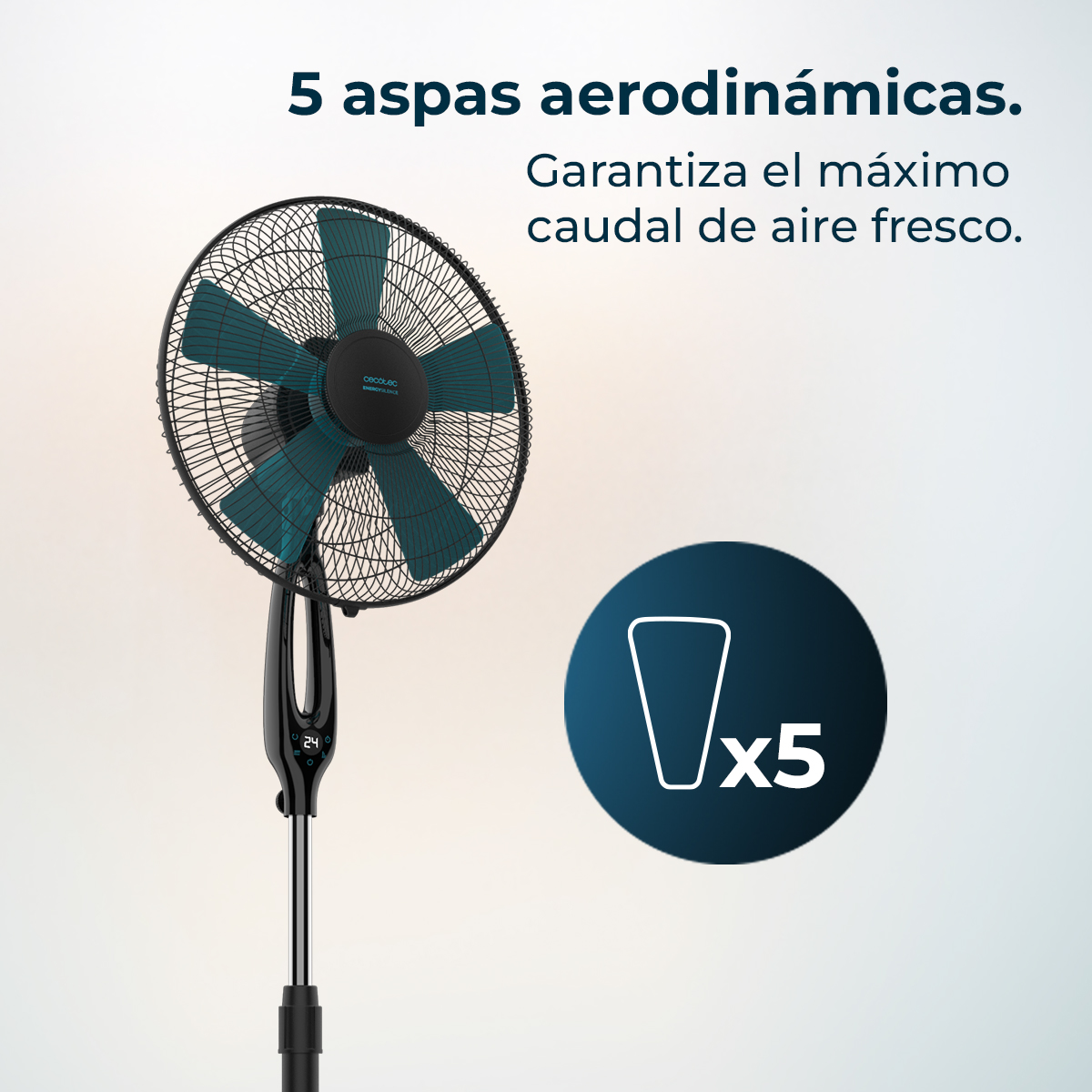 Un ventilatore nero e verde acqua con cinque pale. Cerchio blu scuro con icona del vetro e x5. Testo: pale aerodinamiche garantiscono aria fresca.