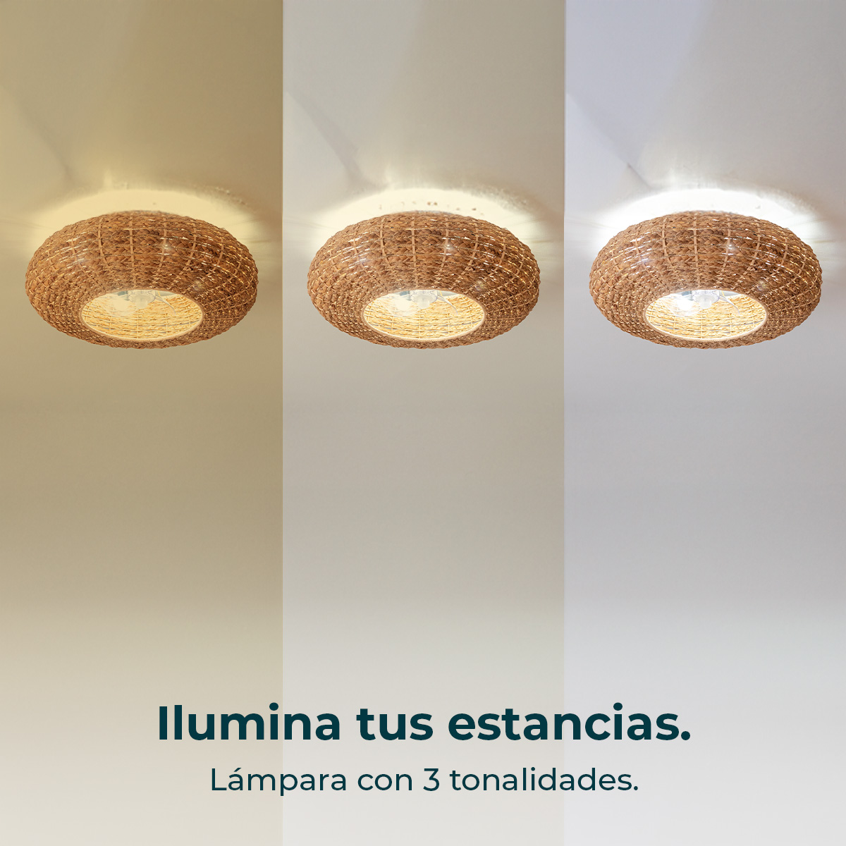 Tres imágenes de una lámpara de techo tejida con diferentes tonos de luz. La lámpara está centrada. Texto abajo: 'Illumina tus estancias.'