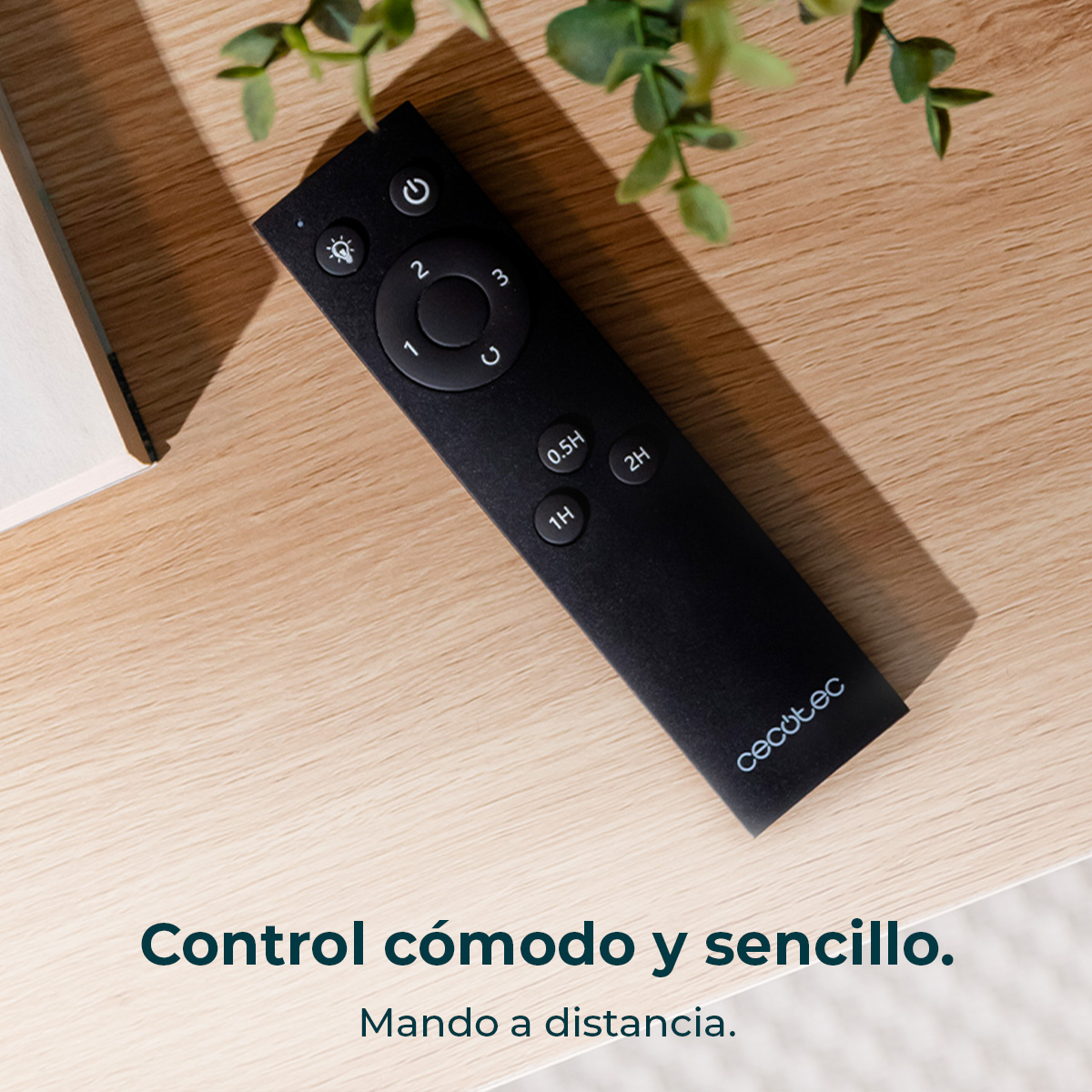 Un mando a distancia negro sobre una superficie de madera con hojas verdes al fondo. El texto dice 'Control cómodo y sencillo'.