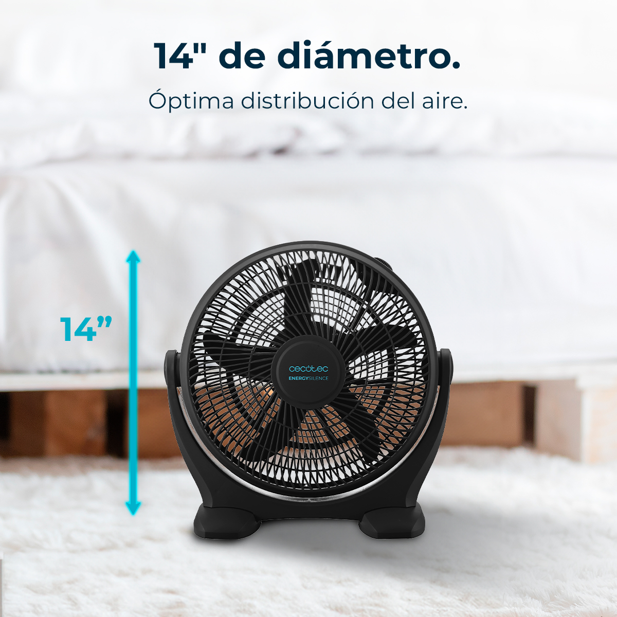 Ein schwarzer Ventilator mit 14 Zoll Durchmesser steht auf einem weißen Teppich. Text oben weist auf optimale Luftverteilung hin.