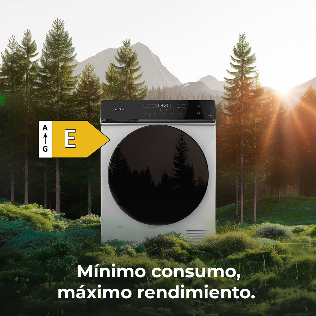 Biała suszarka z czarnymi drzwiami w lesie. Etykieta energetyczna E. Tekst: Minimalne zużycie, maksymalna wydajność.