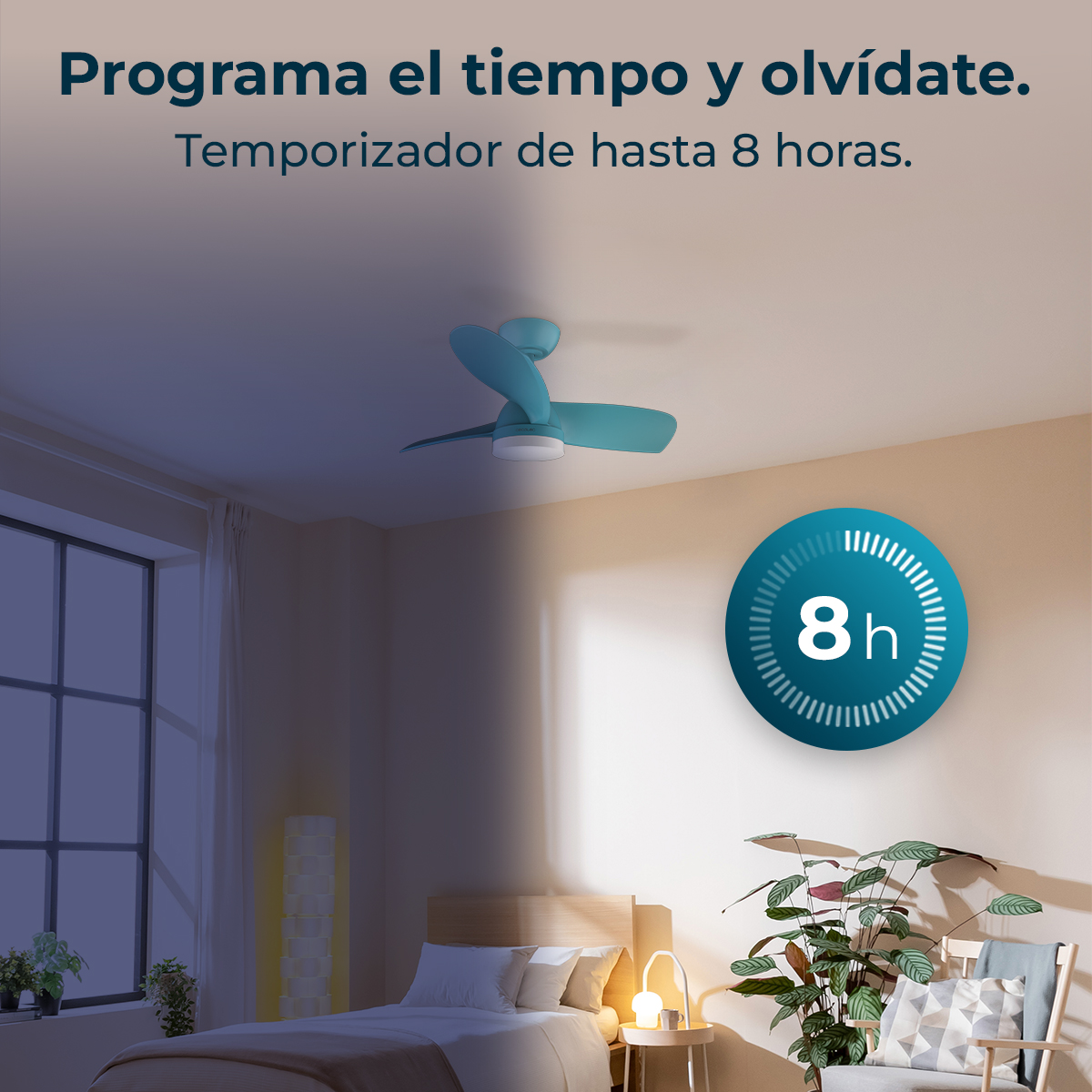 Una camera da letto con ventilatore a soffitto. Viene visualizzato un timer di 8 ore. Include letto, piante e finestra.