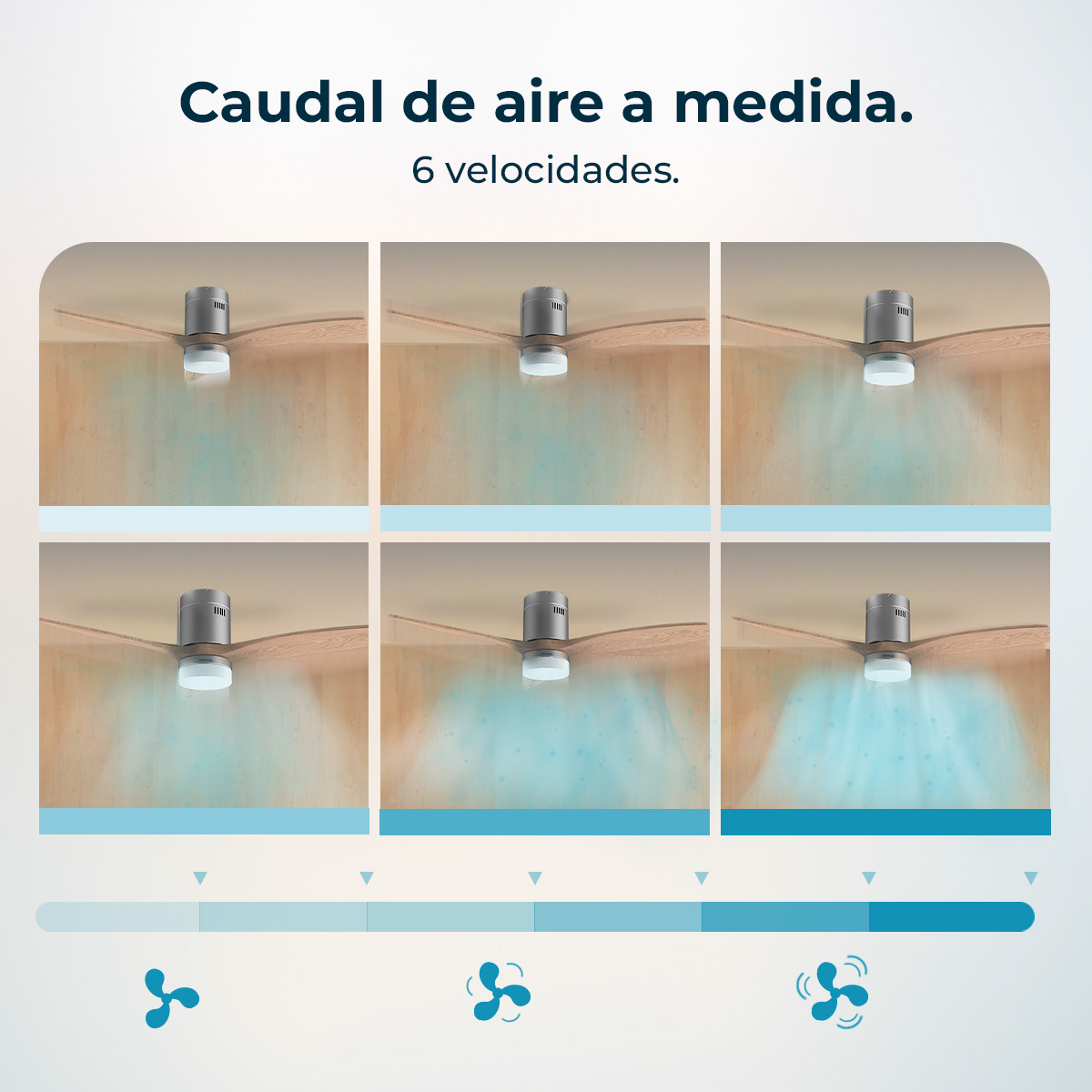L'immagine mostra un ventilatore a soffitto a sei velocità. Ogni ventola mostra il flusso d'aria. Le icone blu indicano la velocità.