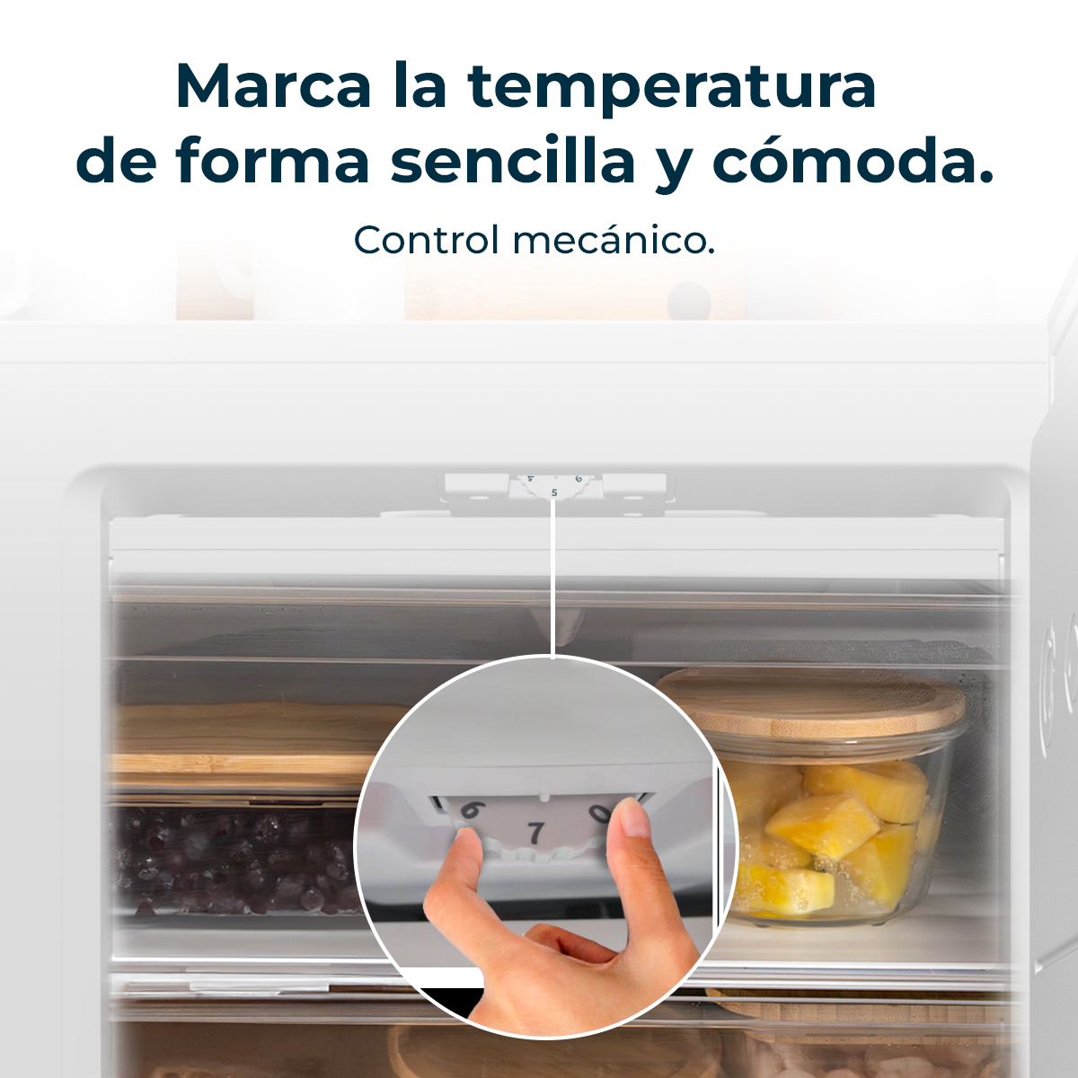 Una mano regola il quadrante della temperatura del frigorifero, da 6 a 7. Il frigorifero contiene contenitori per alimenti.