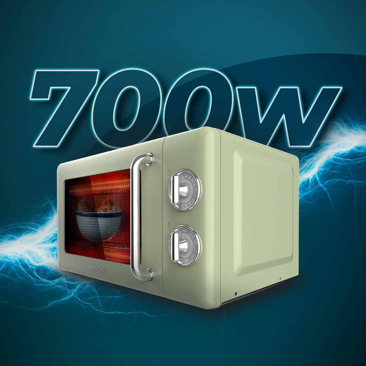 Mięta zielona kuchenka mikrofalowa z tekstem 700W. W środku widoczna miska. Tło ma efekty niebieskich błyskawic.
