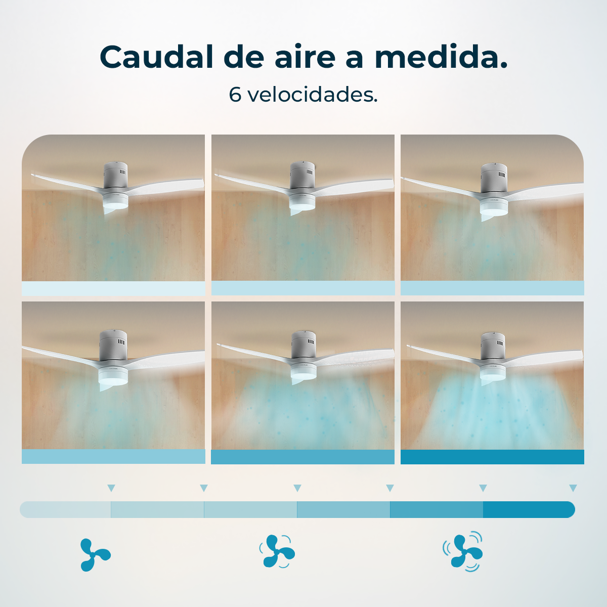 L'immagine mostra un ventilatore a soffitto con sei velocità. Il flusso d'aria è raffigurato con linee blu. Il testo dice 'Flusso d'aria personalizzato' e '6 velocità'.