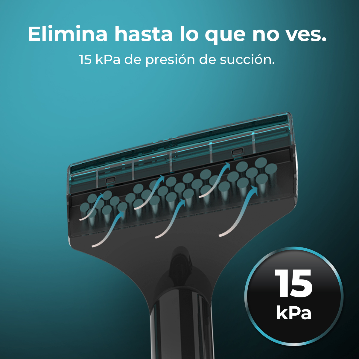 Primo piano di un rasoio nero con frecce blu che indicano l'aspirazione. Testo: 'Elimina hasta lo que no ves' e '15 kPa'.