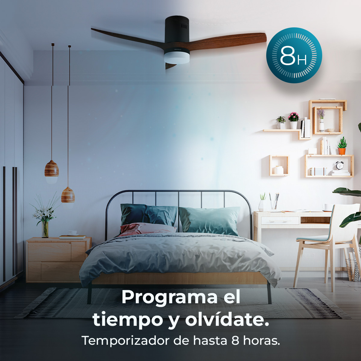 Camera da letto con letto, scrivania e ventilatore a soffitto. Testo: 'Programma il tempo e dimentica'. Timer fino a 8 ore.