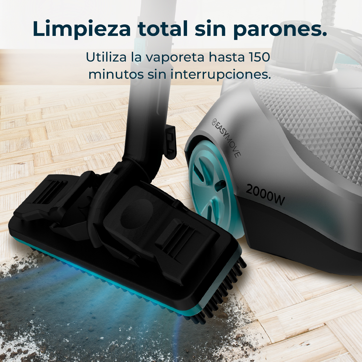 Primer plano de una aspiradora sobre un suelo de madera, con texto que promueve una limpieza duradera sin interrupciones.